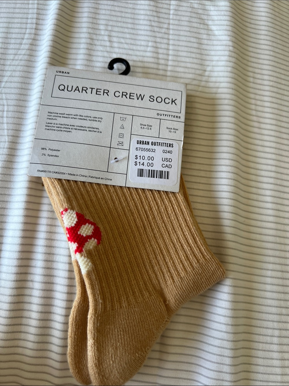 Urban Outfitters Tan Crew Socks with Red & White Mushroom Motif